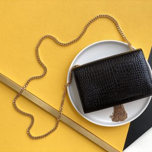 KATE SMALL CHAIN BAG WITH TASSEL IN CROCODILE-EMBOSSED SHINY LEATHER