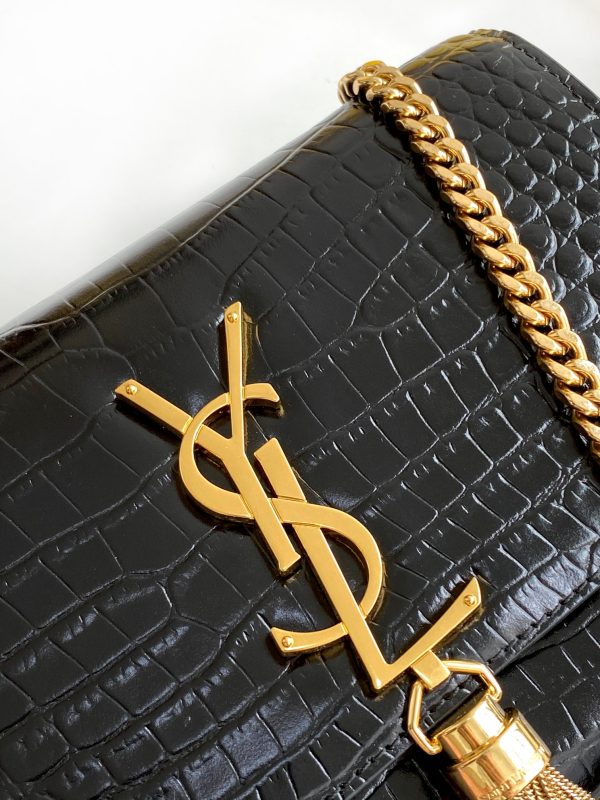 KATE SMALL CHAIN BAG WITH TASSEL IN CROCODILE-EMBOSSED SHINY LEATHER