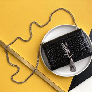 KATE SMALL CHAIN BAG WITH TASSEL IN CROCODILE-EMBOSSED SHINY LEATHER