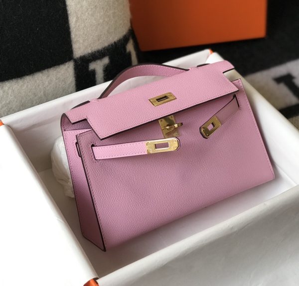 HERMES MINI KELLY POCHETTE GOLD TONED HARDWARE LIGHT PINK 22CM