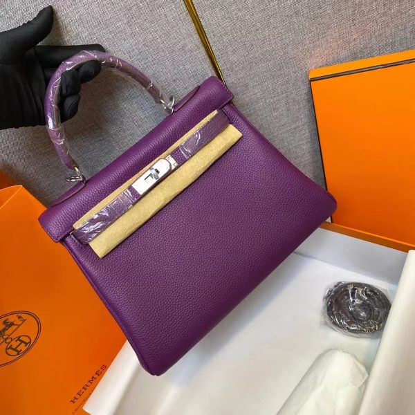 HERMES KELLY ROUGE EPSOM SILVER HARDWARE PURPLE 32CM