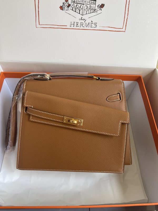 HERMES KELLY SELLIER EN DESORDRE EPSOM GOLD-TONED HARDWARE BROWN 25CM