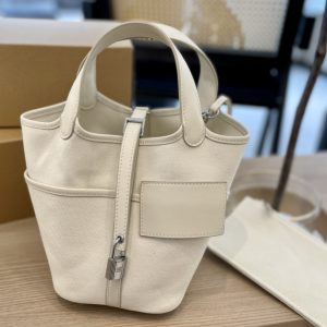 HERMES PICOTIN CARGO DESERT TOILE CANVAS WITH PALLADIUM HARDWARE WHITE 18CM