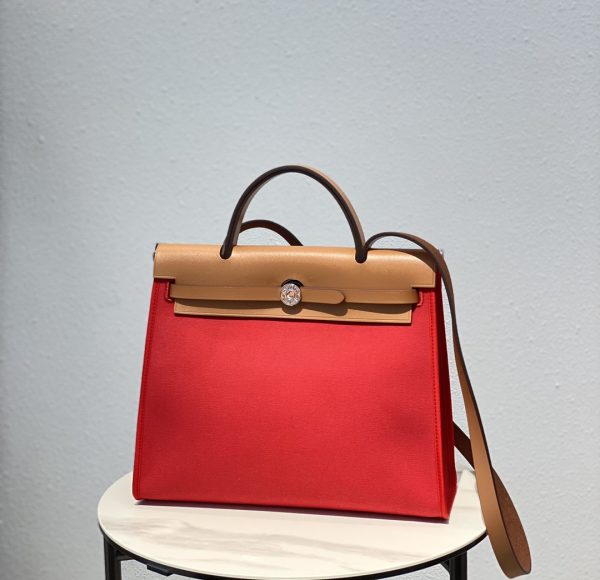 HERMES HERBAG ZIP 31 BAG PALLADIUM HARDWARE RED 31CM