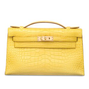 HERMES MINI KELLY POCHETTE CROCODILE GOLD TONED HARDWARE YELLOW 22CM
