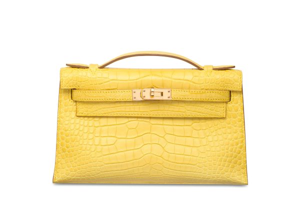 HERMES MINI KELLY POCHETTE CROCODILE GOLD TONED HARDWARE YELLOW 22CM