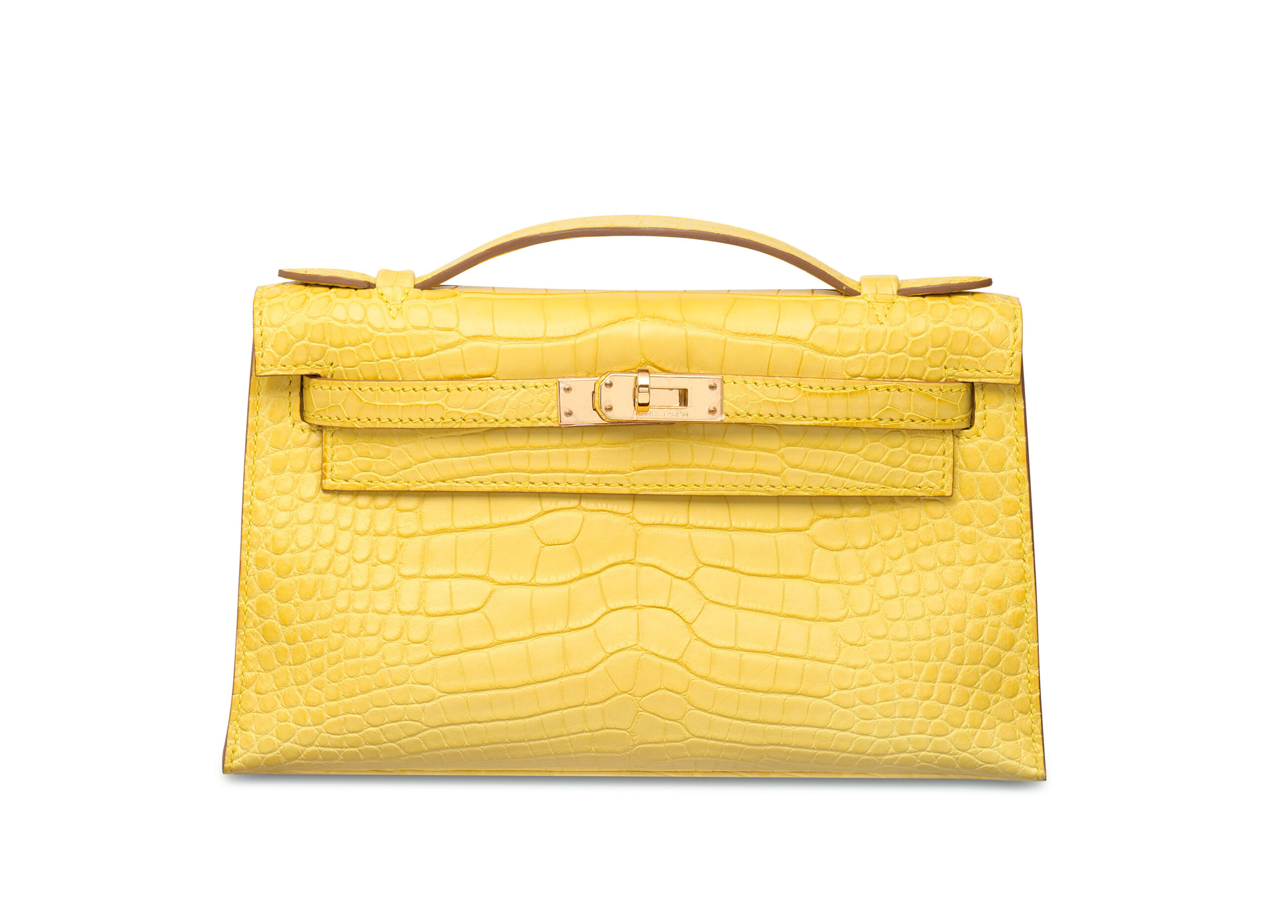 HERMES MINI KELLY POCHETTE CROCODILE GOLD TONED HARDWARE YELLOW 22CM