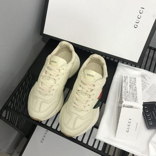 GUCCI REPLICATED RHYTON GREEN AND RED WEB PRINT WHITE LEATHER SNEAKERS