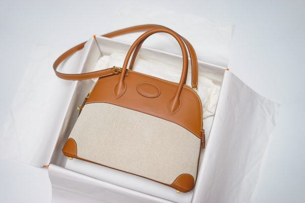 HERMES VINTAGE BOLIDE 31 CANVAS LEATHHER BAG BROWN 31CM