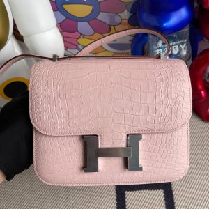 HERMES CONSTANCE ALLIGATOR MATT DREAMY PINK SILVER HARDWARE 18CM