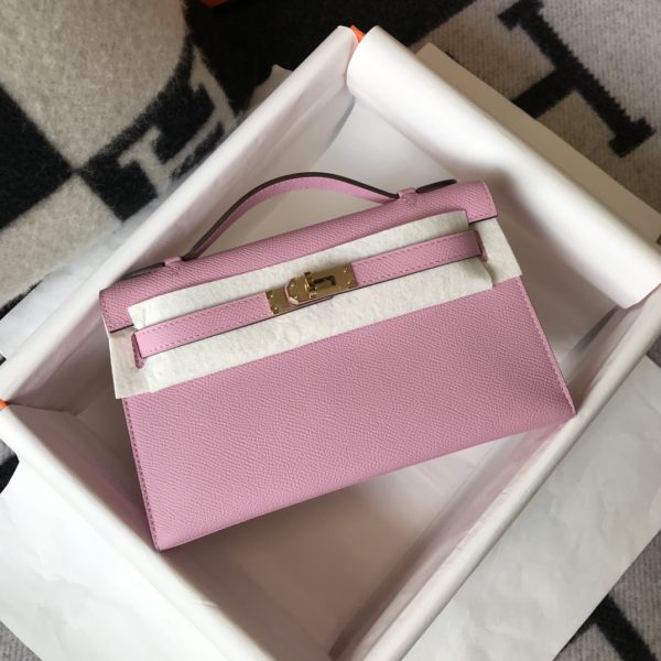 HERMES MINI KELLY POCHETTE GOLD TONED HARDWARE LIGHT PINK 22CM