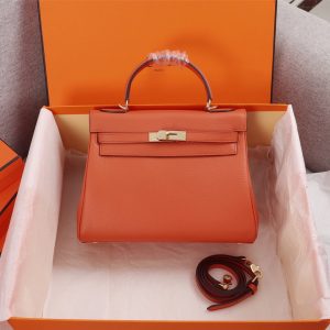 HERMES KELLY ORANGE SELLIER ROUGE EPSOM GOLD HARDWARE 28CM