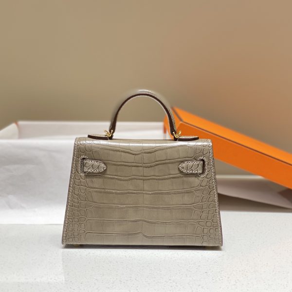 HERMES MINI KELLY CROCODILE GOLD-TONED HARDWARE DARK BEIGE 19CM