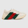 GUCCI REPLICATED RHYTON GREEN AND RED WEB PRINT WHITE LEATHER SNEAKERS