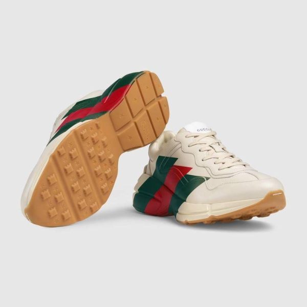 GUCCI REPLICATED RHYTON GREEN AND RED WEB PRINT WHITE LEATHER SNEAKERS