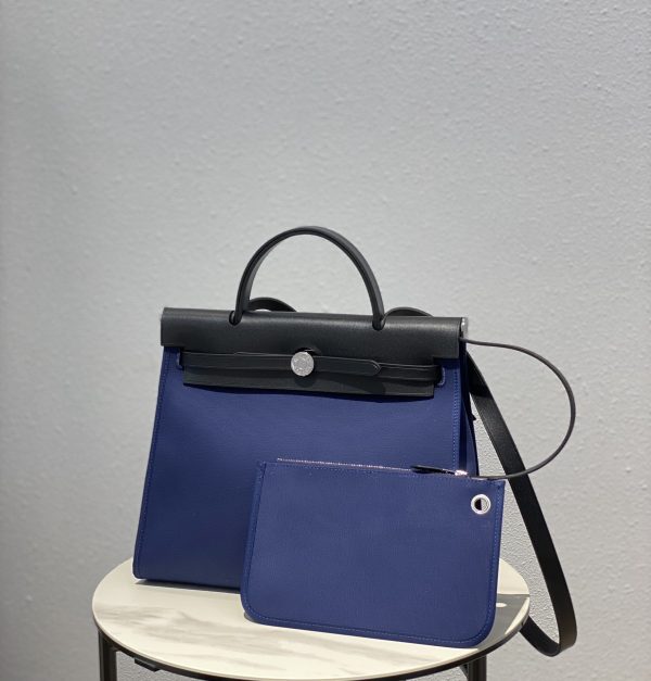 HERMES HERBAG ZIP 31 BAG PALLADIUM HARDWARE NAVY BLUE 31CM