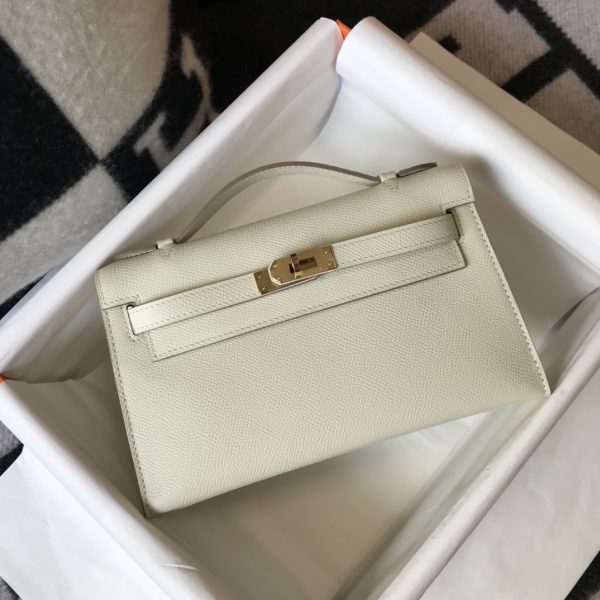 HERMES MINI KELLY POCHETTE GOLD TONED HARDWARE WHITE 22CM