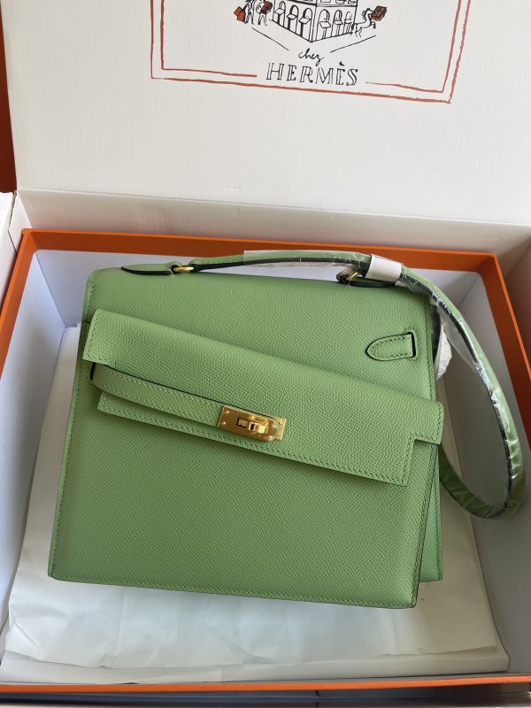 HERMES KELLY SELLIER EN DESORDRE EPSOM GOLD-TONED HARDWARE GREEN 25CM