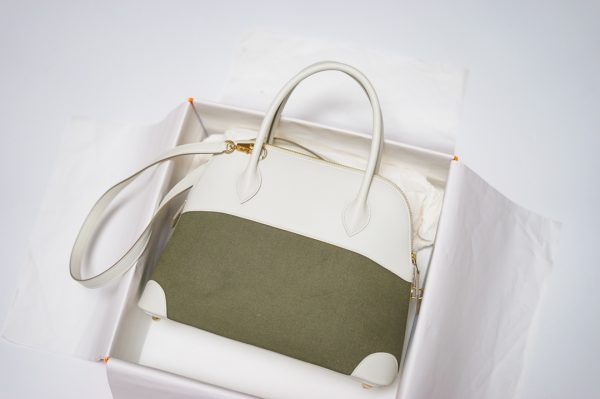 HERMES VINTAGE BOLIDE 31 CANVAS LEATHHER BAG WHITE GREY 31CM