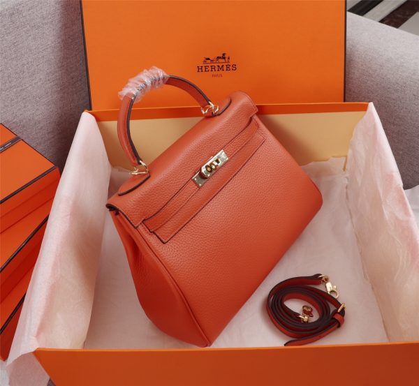 HERMES KELLY ORANGE SELLIER ROUGE EPSOM GOLD HARDWARE 28CM