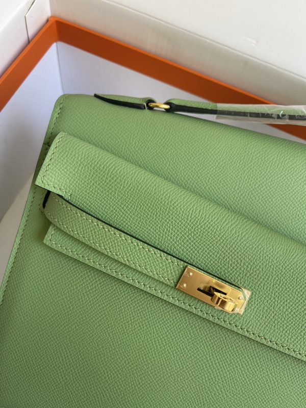 HERMES KELLY SELLIER EN DESORDRE EPSOM GOLD-TONED HARDWARE GREEN 25CM