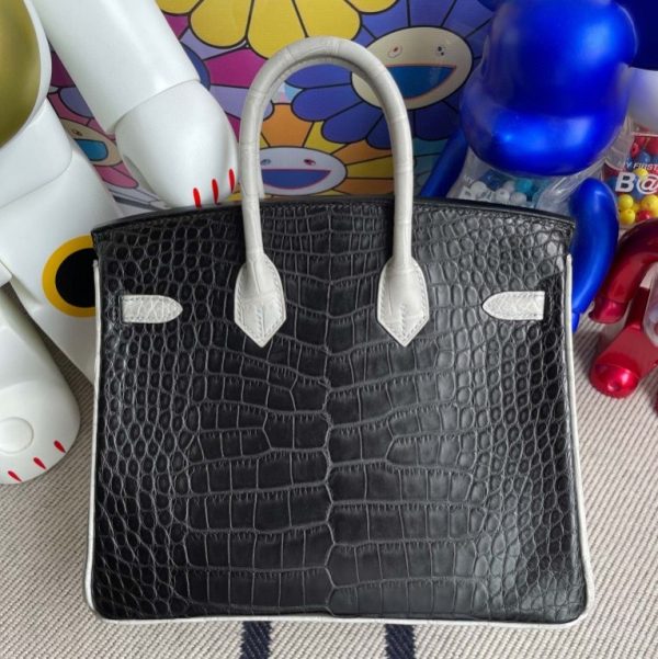 HERMES BIRKIN ALLIGATOR MATT CK89 NOIR & CK80 PEARL GREY GOLD HARDWARE  25CM