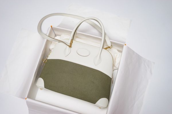 HERMES VINTAGE BOLIDE 31 CANVAS LEATHHER BAG WHITE GREY 31CM