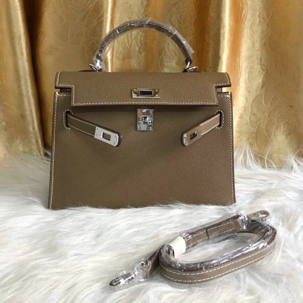 HERMES KELLY SELLIER EPSOM SILVER HARDWARE ETOUPE 22CM