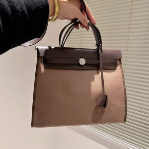 HERMES TOILE HERBAG ZIP TOTE BAG DARK BROWN 31CM