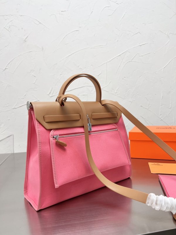 HERMÈS VACHE HUNTER TOILE HERBAG ZIP 31 PM ROSE AZALEE 31CM