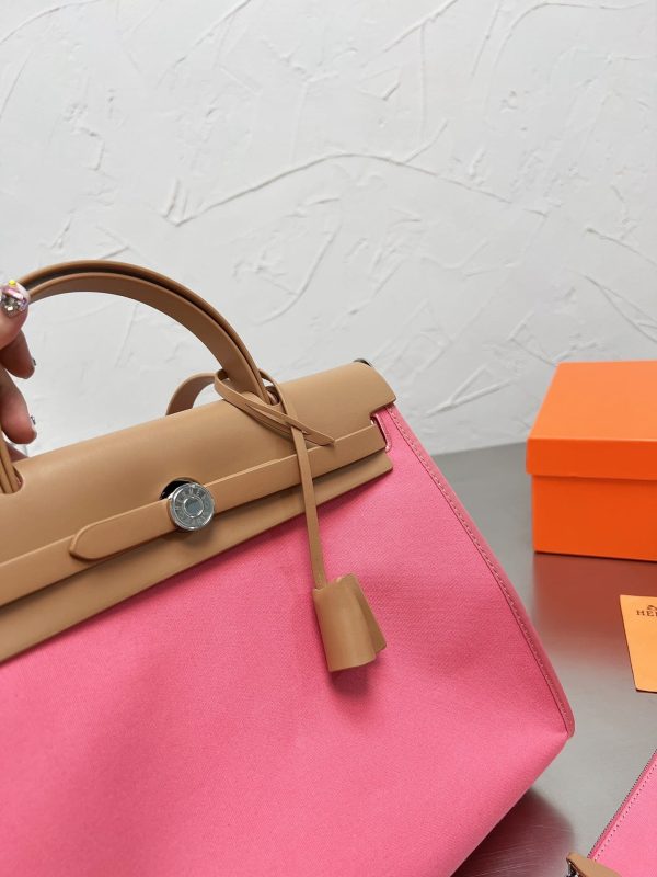 HERMÈS VACHE HUNTER TOILE HERBAG ZIP 31 PM ROSE AZALEE 31CM