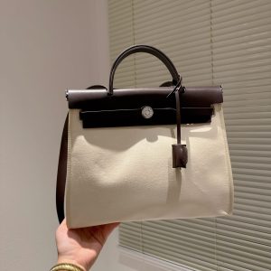 HERMES VACHE HUNTER TOILE HERBAG ZIP 31 BEIGE 31CM