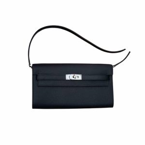 HERMES KELLY POCHETTE BOXCALF SILVER HARDWARE BLACK 23CM