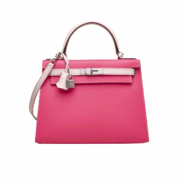 HERMÈS CUSTOM LEATHER SELLIER KELLY WITH BRUSHED SILVER HARDWARE ROSE AZALÉE AND CRAIE EPSOM 22CM