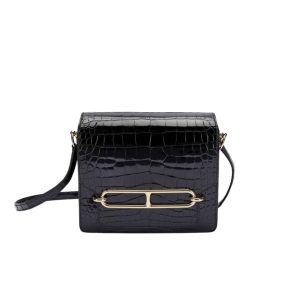 HERMÈS ROULIS BAG ALLIGATOR LEATHER GOLD HARDWARE IN BLACK 18CM