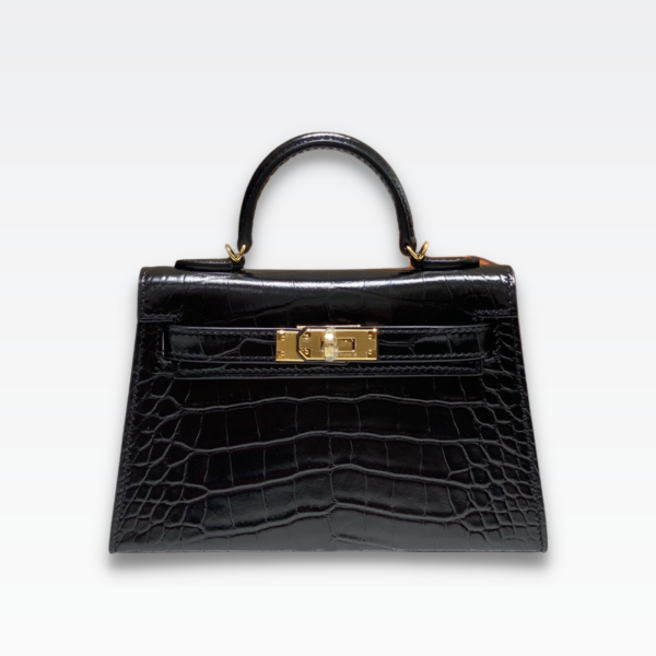 HERMES MINI KELLY CROCODILE GOLD-TONED HARDWARE BLACK 19CM