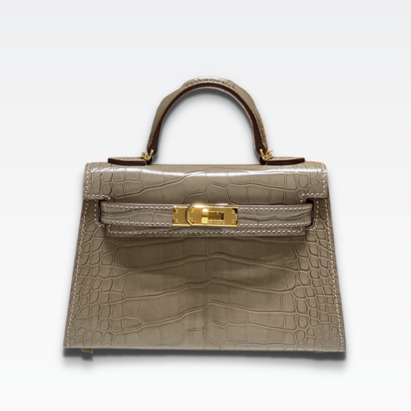 HERMES MINI KELLY CROCODILE GOLD-TONED HARDWARE DARK BEIGE 19CM