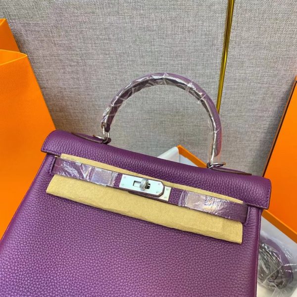 HERMES KELLY ROUGE EPSOM SILVER HARDWARE PURPLE 32CM