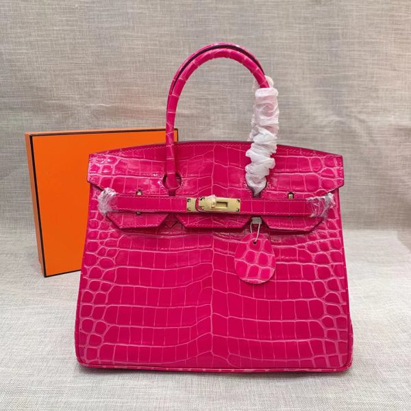 HERMES BIRKIN 30 CROCODILE GOLD-TONED HARDWARE DARK PINK