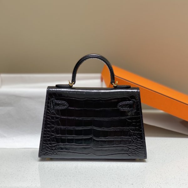 HERMES MINI KELLY CROCODILE GOLD-TONED HARDWARE BLACK 19CM