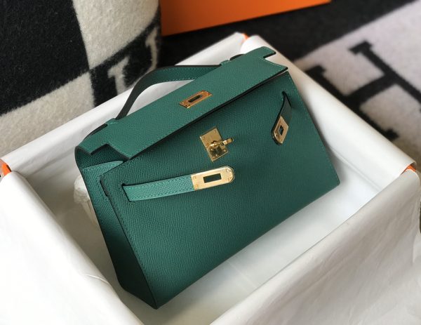 HERMES MINI KELLY POCHETTE GOLD TONED HARDWARE DARK GREEN 22CM