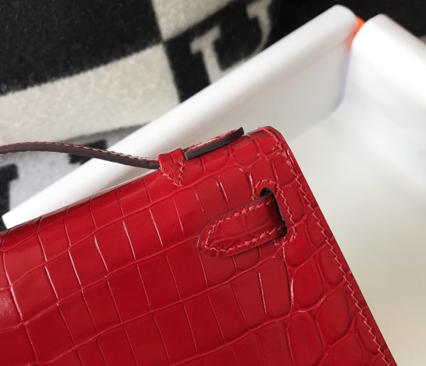 HERMES MINI KELLY POCHETTE CROCODILE GOLD TONED HARDWARE RED 22CM