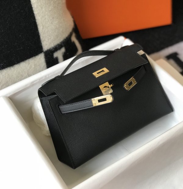 HERMES MINI KELLY POCHETTE GOLD TONED HARDWARE BLACK 22CM