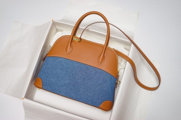 HERMES VINTAGE BOLIDE 31 CANVAS LEATHHER BAG DENIM 31CM