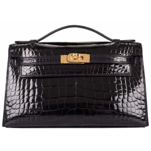 HERMES MINI KELLY POCHETTE CROCODILE GOLD TONED HARDWARE BLACK 22CM