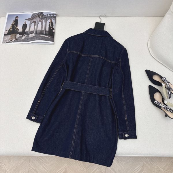 Long Belted Jacket Blue Raw Cotton Denim with Dior Oblique Interior