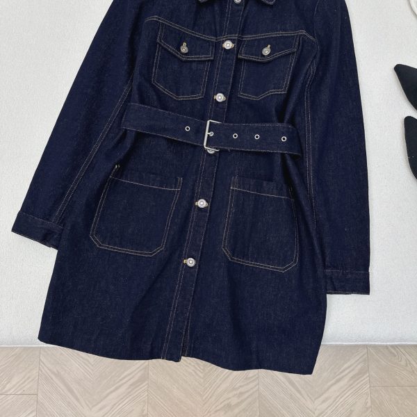 Long Belted Jacket Blue Raw Cotton Denim with Dior Oblique Interior