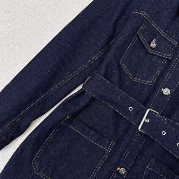 Long Belted Jacket Blue Raw Cotton Denim with Dior Oblique Interior