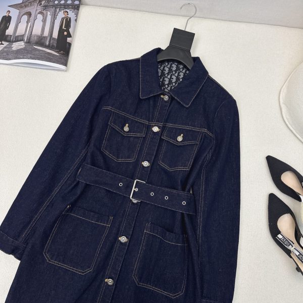 Long Belted Jacket Blue Raw Cotton Denim with Dior Oblique Interior