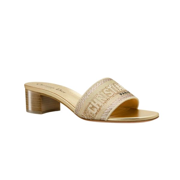 DIOR DWAY HEELED SLIDE GOLD TONE COTTON EMBROIDERED